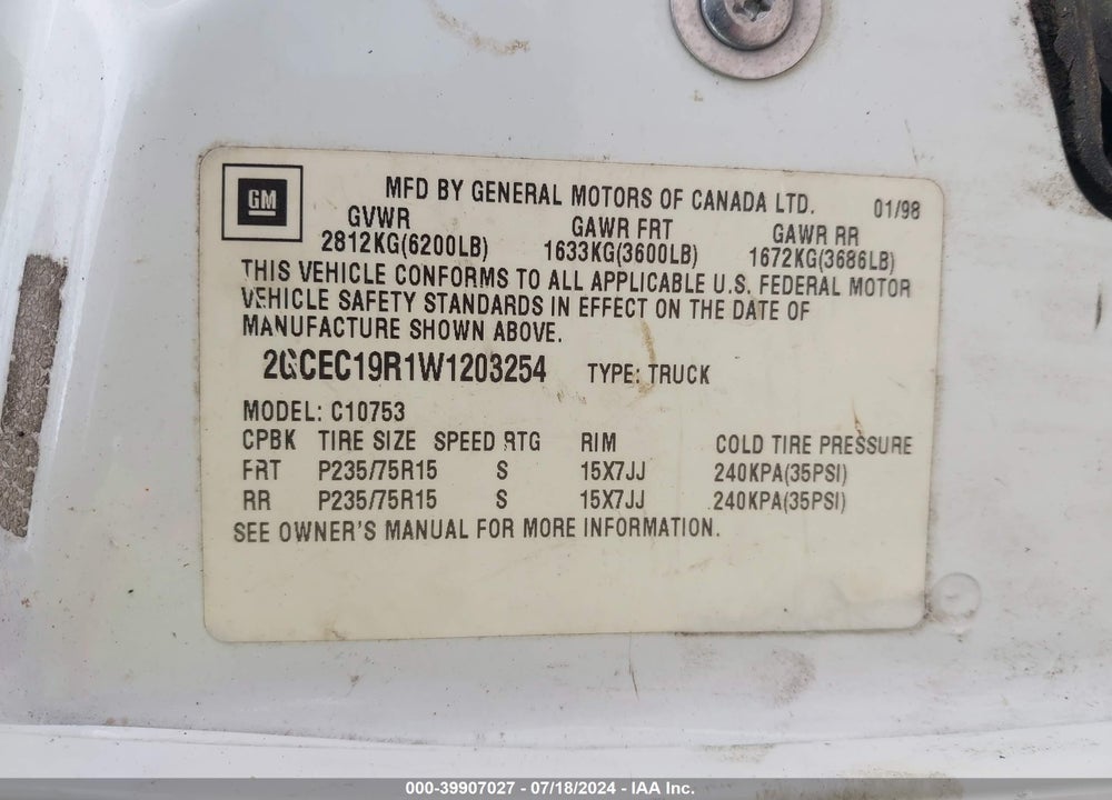 1998 CHEVROLET C1500 FLEETSIDE VIN: 2GCEC19R1W1203254