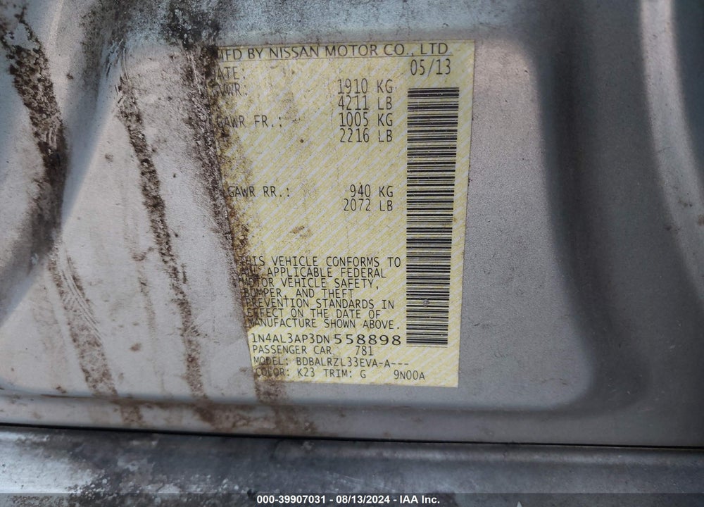 2013 NISSAN ALTIMA 2.5 S VIN: 1N4AL3AP3DN558898