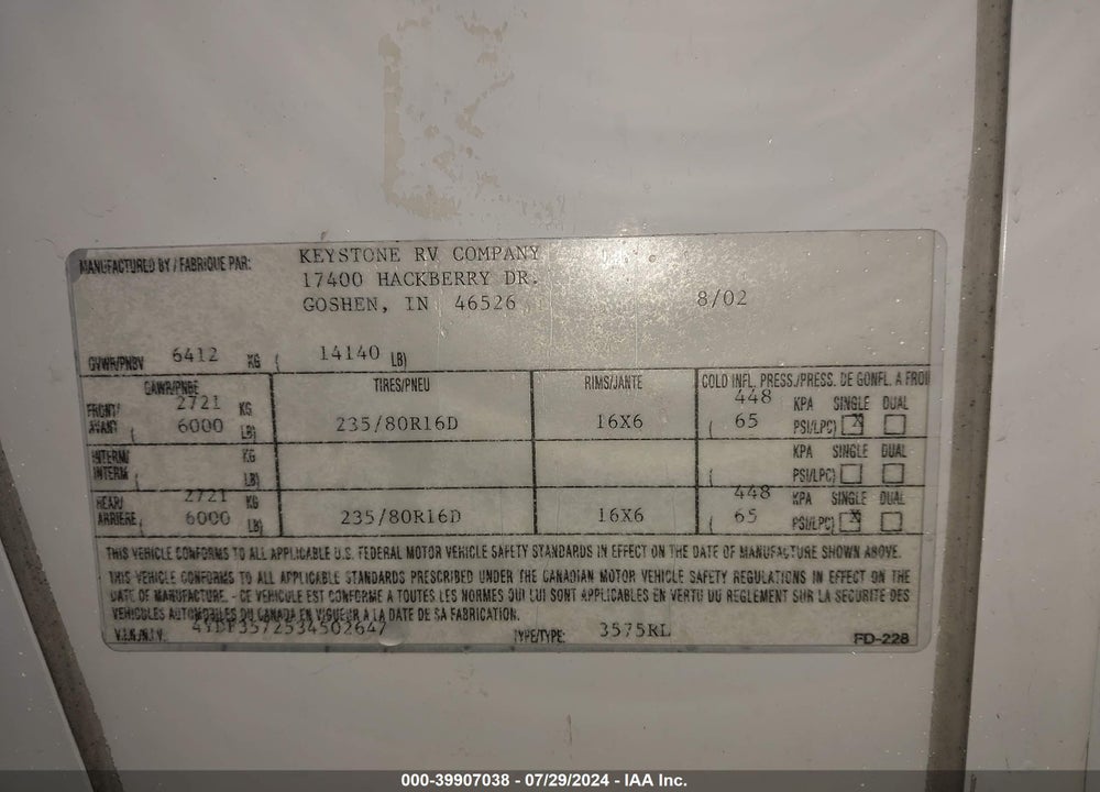 2003 KEYSTONE MONTANA VIN: 4YDF3572534502647
