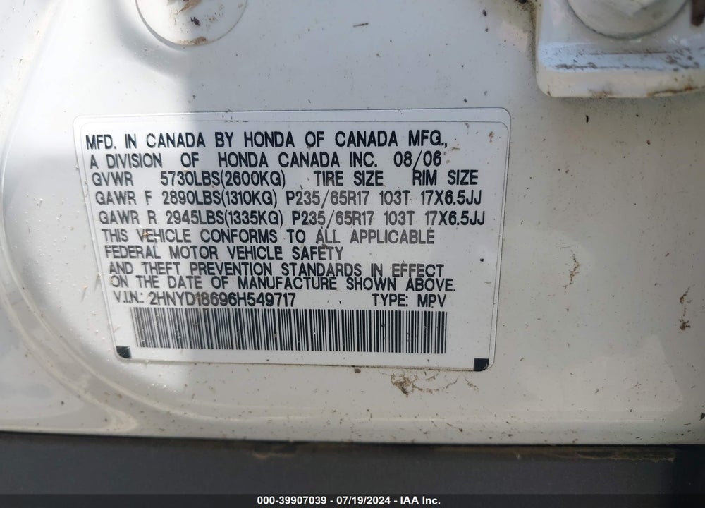 2006 ACURA MDX VIN: 2HNYD18696H549717