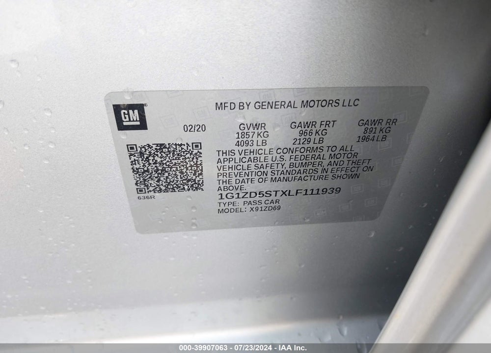 2020 CHEVROLET MALIBU VIN: 1G1ZD5STXLF111939