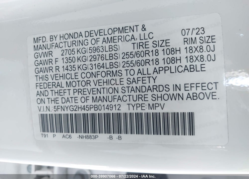 2023 HONDA PILOT 2WD EX-L 8 PASSENGER VIN: 5FNYG2H45PB014912