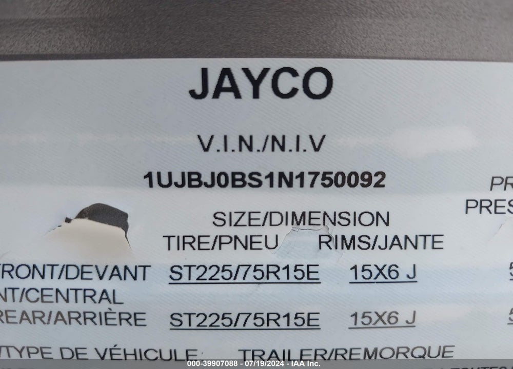 2022 JAYCO JAY FLIGHT VIN: 1UJBJ0BS1N1750092