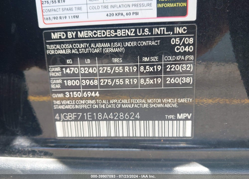 2008 MERCEDES-BENZ GL 450 4MATIC VIN: 4JGBF71E18A428624
