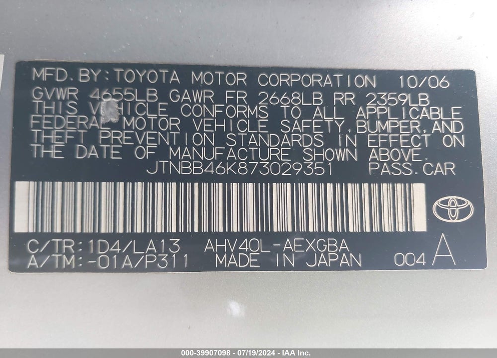 2007 TOYOTA CAMRY HYBRID VIN: JTNBB46K873029351