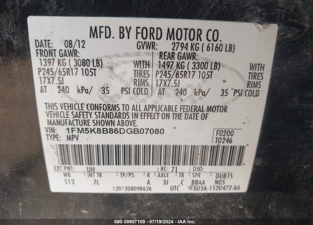 2013 FORD EXPLORER VIN: 1FM5K8B86DGB07080
