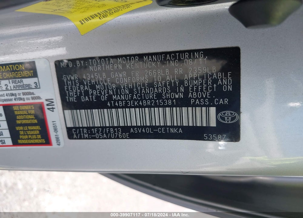 2011 TOYOTA CAMRY LE VIN: 4T4BF3EK4BR215381