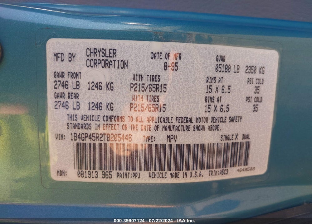 1996 DODGE CARAVAN SE/SPORT VIN: 1B4GP45R2TB205446