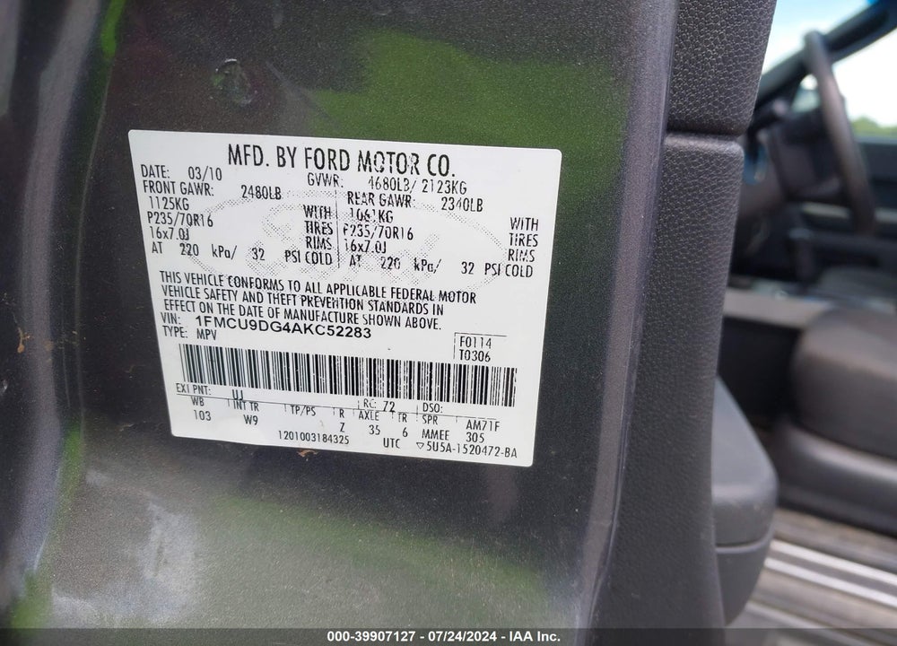 2010 FORD ESCAPE XLT VIN: 1FMCU9DG4AKC52283
