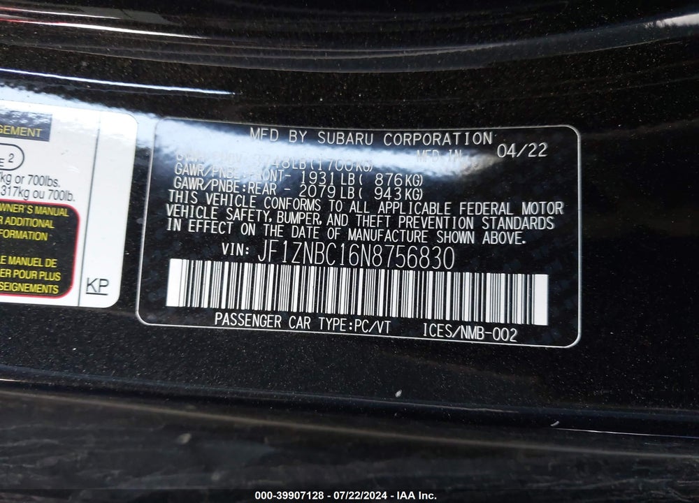 2022 TOYOTA GR86 VIN: JF1ZNBC16N8756830