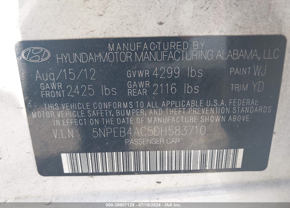 2013 HYUNDAI SONATA GLS VIN: 5NPEB4AC5DH583710