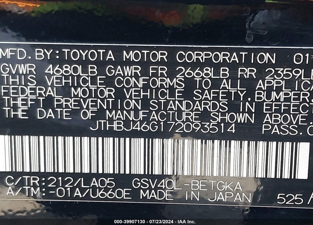 2007 LEXUS ES 350 VIN: JTHBJ46G172093514