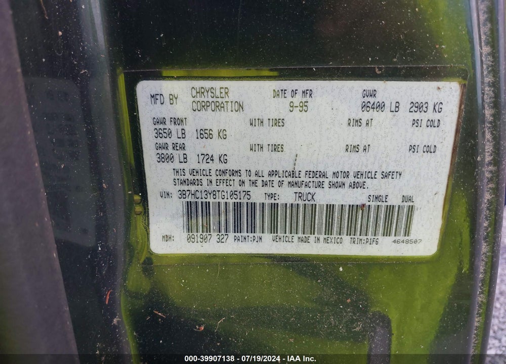 1996 DODGE RAM 1500 VIN: 3B7HC13Y8TG105175