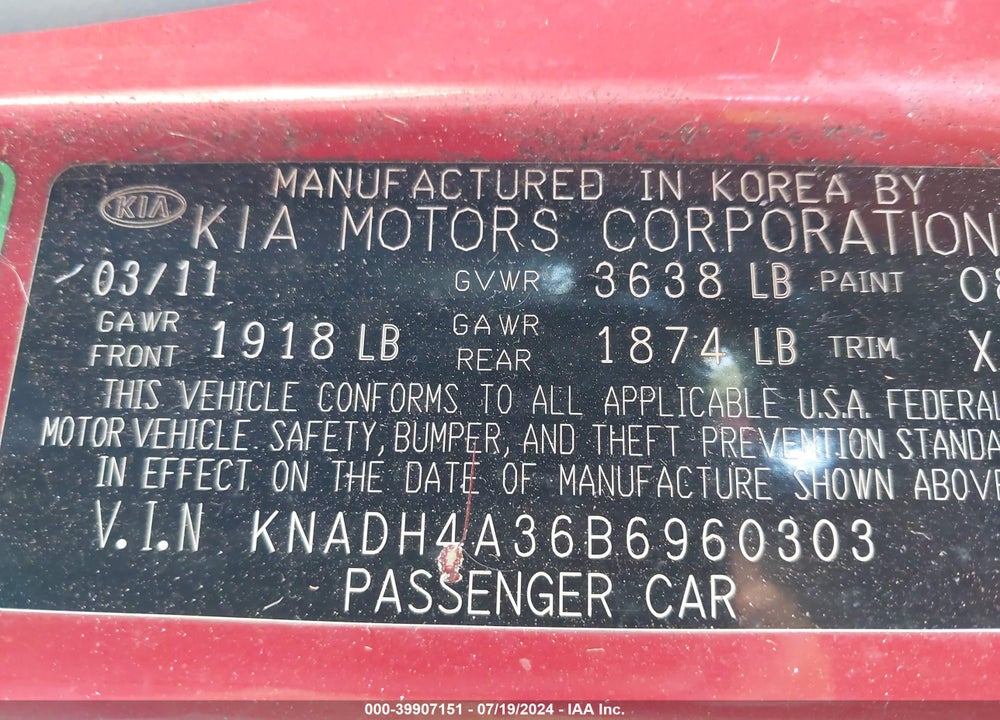 2011 KIA RIO LX VIN: KNADH4A36B6960303