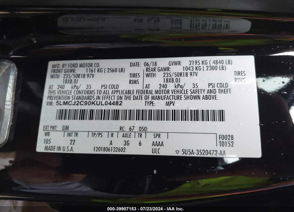 2019 LINCOLN MKC SELECT VIN: 5LMCJ2C90KUL04482