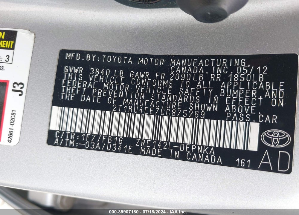 2012 TOYOTA COROLLA LE VIN: 2T1BU4EE7CC875269