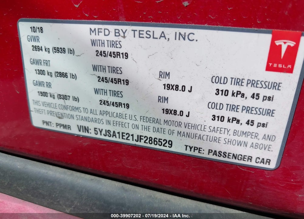 2018 TESLA MODEL S 100D/75D/P100D VIN: 5YJSA1E21JF286529