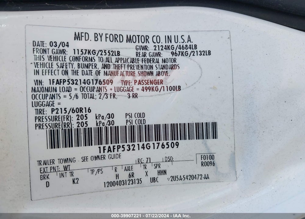 2004 FORD TAURUS SE VIN: 1FAFP53214G176509