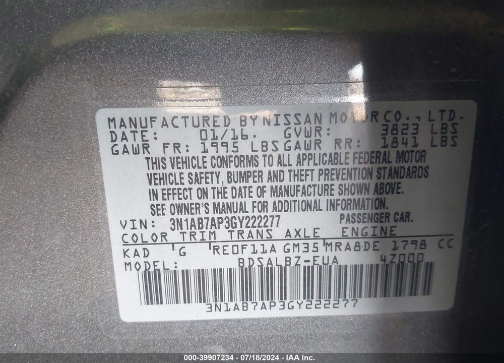 2016 NISSAN SENTRA S VIN: 3N1AB7AP3GY222277