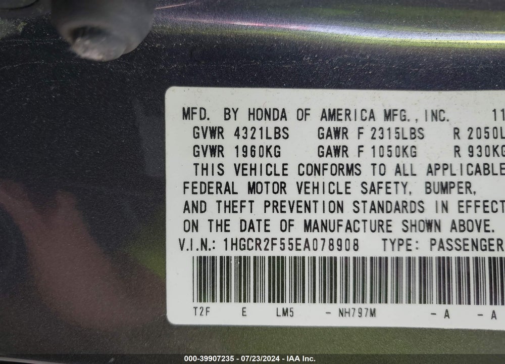 2014 HONDA ACCORD SPORT VIN: 1HGCR2F55EA078908