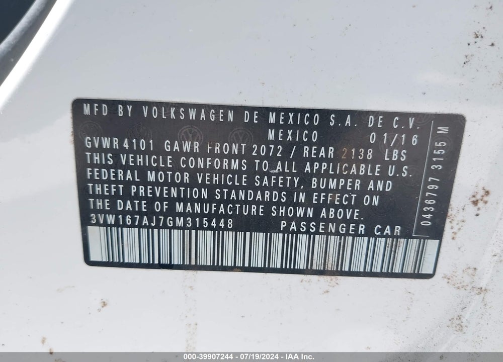 2016 VOLKSWAGEN JETTA 1.4T S VIN: 3VW167AJ7GM315448