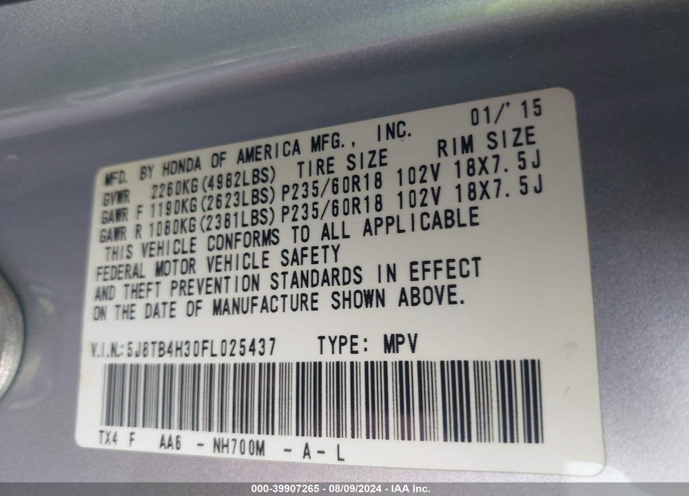 2015 ACURA RDX VIN: 5J8TB4H30FL025437