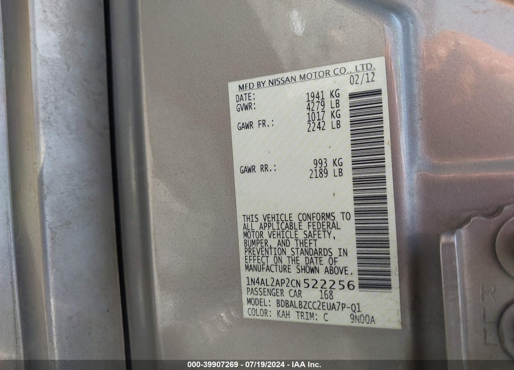 2012 NISSAN ALTIMA 2.5 S VIN: 1N4AL2AP2CN522256