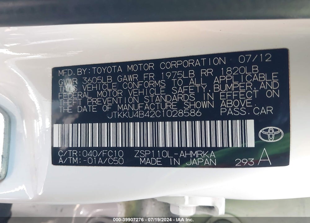 2012 SCION XD VIN: JTKKU4B42C1028586