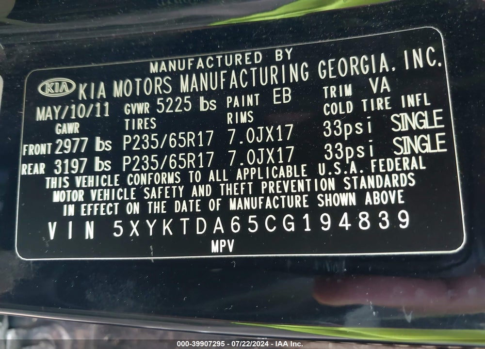 2012 KIA SORENTO LX VIN: 5XYKTDA65CG194839