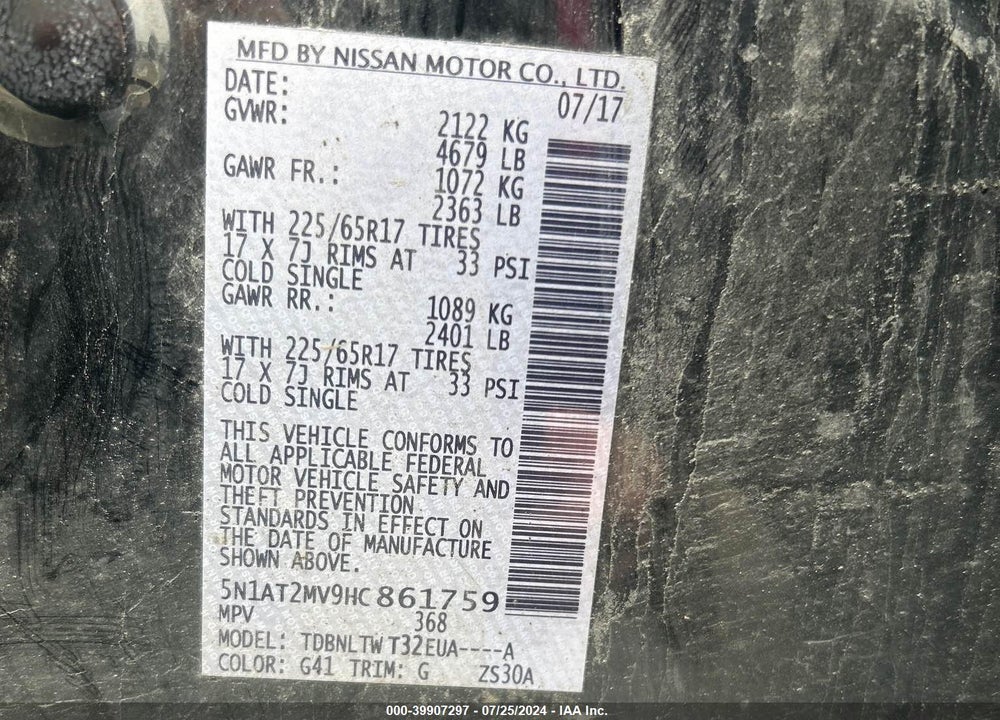 2017 NISSAN ROGUE SV VIN: 5N1AT2MV9HC861759