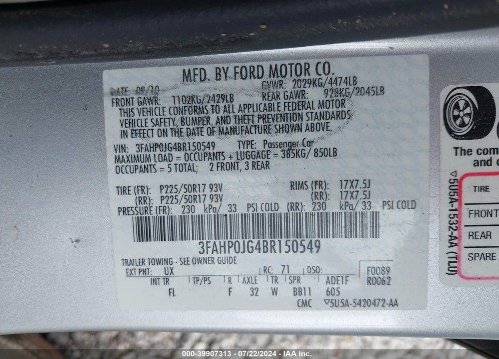 2011 FORD FUSION SEL VIN: 3FAHP0JG4BR150549