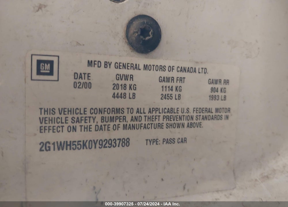 2000 CHEVROLET IMPALA LS VIN: 2G1WH55K0Y9293788