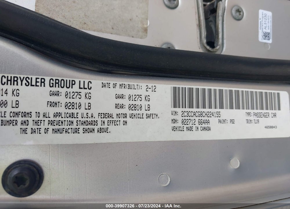 2012 CHRYSLER 300 LIMITED VIN: 2C3CCACG8CH224155