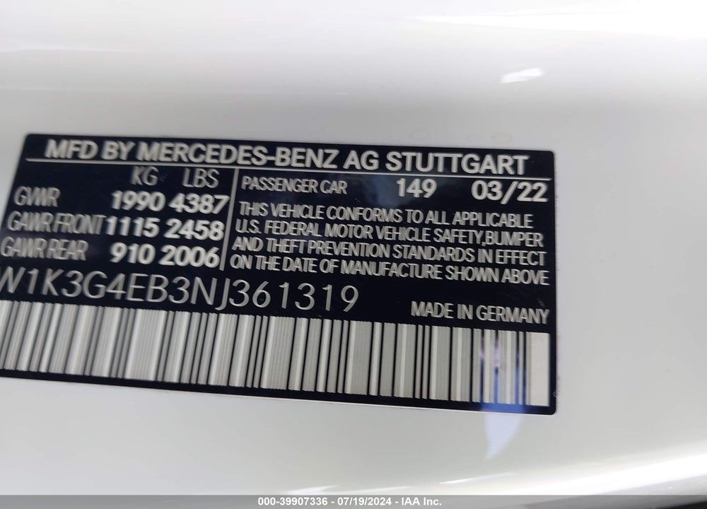 2022 MERCEDES-BENZ A 220 VIN: W1K3G4EB3NJ361319