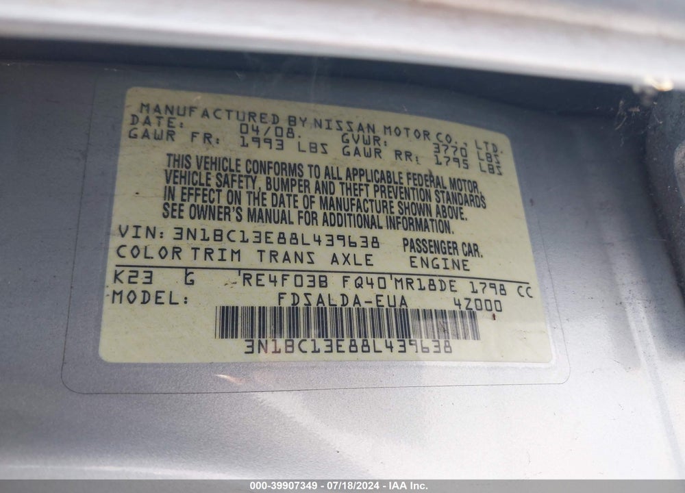 2008 NISSAN VERSA 1.8S VIN: 3N1BC13E88L439638