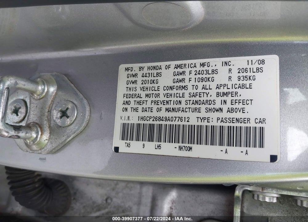 2009 HONDA ACCORD 2.4 EX-L VIN: 1HGCP26849A077612