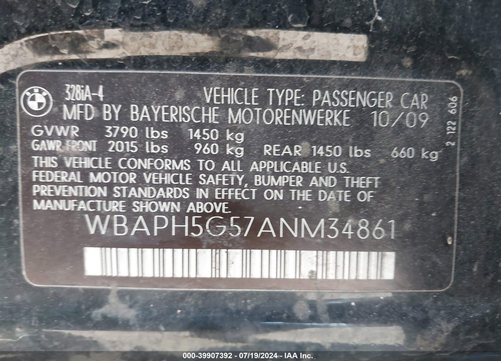 2010 BMW 328I VIN: WBAPH5G57ANM34861