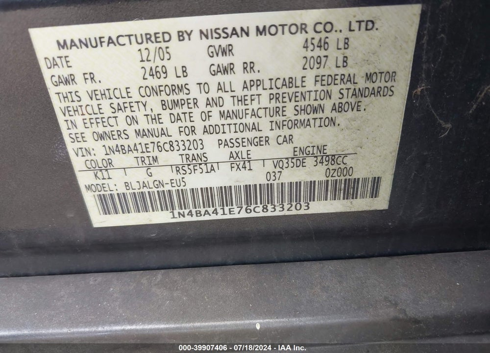 2006 NISSAN MAXIMA 3.5 SL VIN: 1N4BA41E76C833203