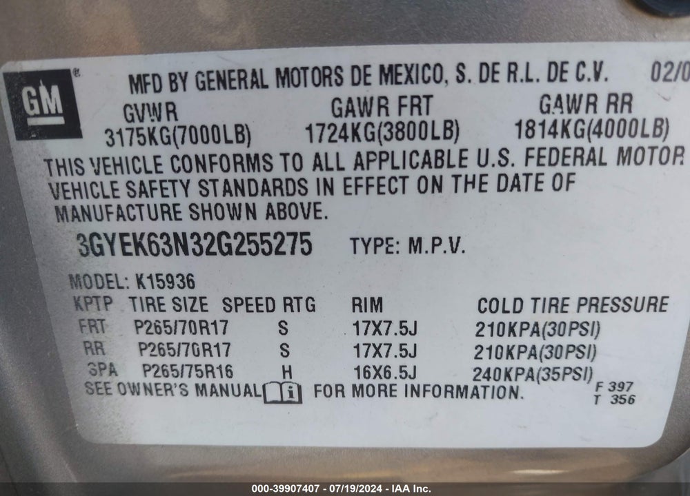 2002 CADILLAC ESCALADE EXT STANDARD VIN: 3GYEK63N32G255275