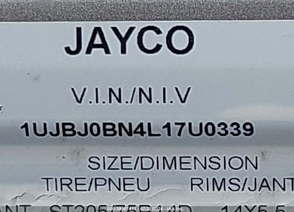 2020 JAYCO OTHER VIN: 1UJBJ0BN4L17U0339