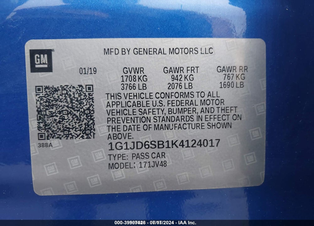 2019 CHEVROLET SONIC LT AUTO VIN: 1G1JD6SB1K4124017