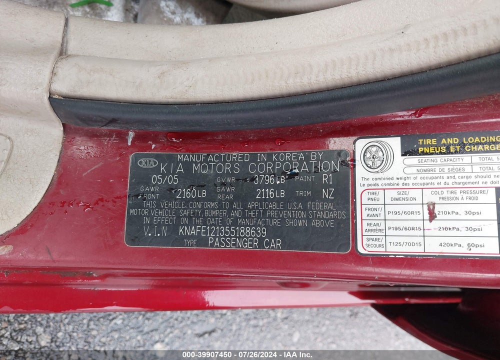 2005 KIA SPECTRA EX/LX/SX VIN: KNAFE121355188639