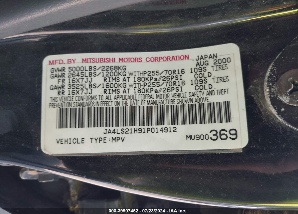 2001 MITSUBISHI MONTERO SPORT ES/LS VIN: JA4LS21H91P014912