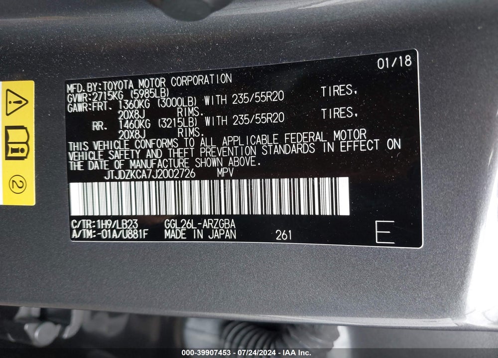 2018 LEXUS RX 350L PREMIUM VIN: JTJDZKCA7J2002726