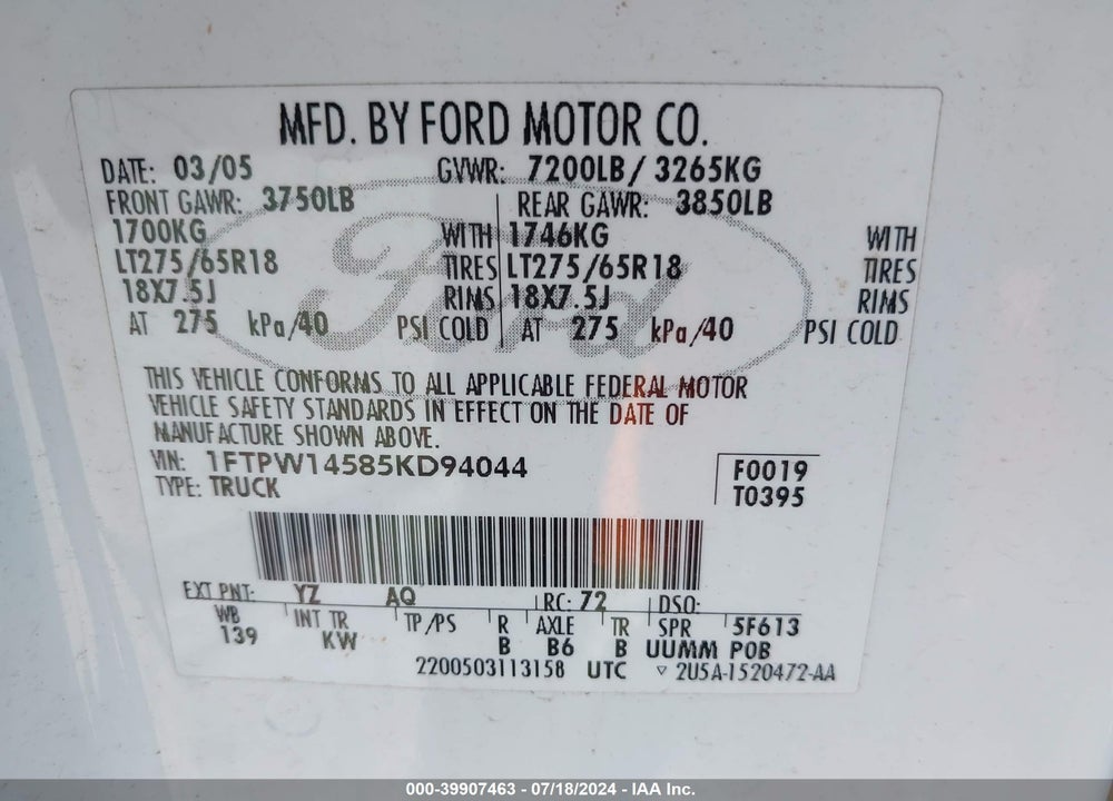 2005 FORD F-150 FX4/LARIAT/XLT VIN: 1FTPW14585KD94044