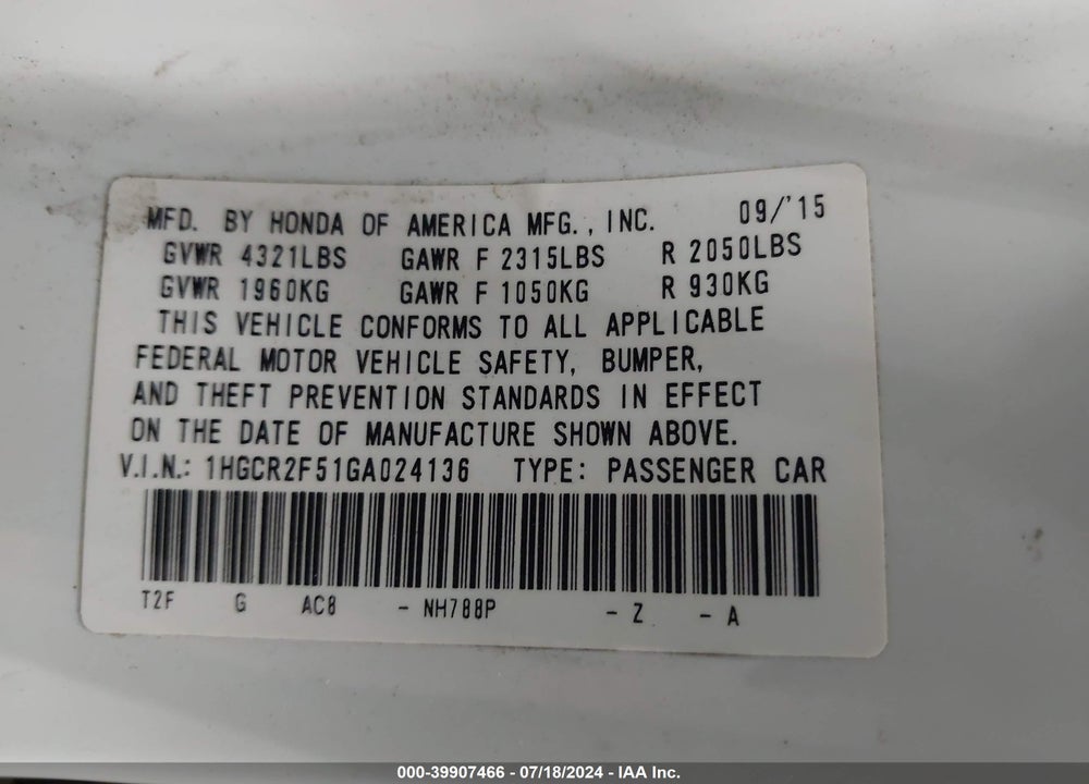 2016 HONDA ACCORD SPORT VIN: 1HGCR2F51GA024136