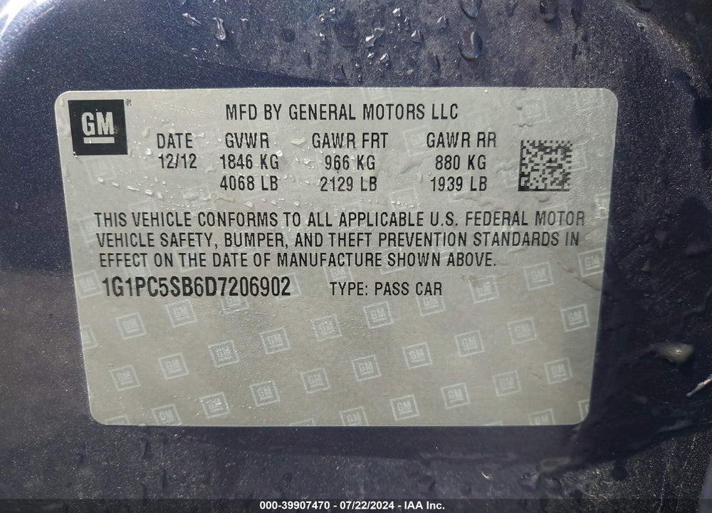 2013 CHEVROLET CRUZE 1LT AUTO VIN: 1G1PC5SB6D7206902