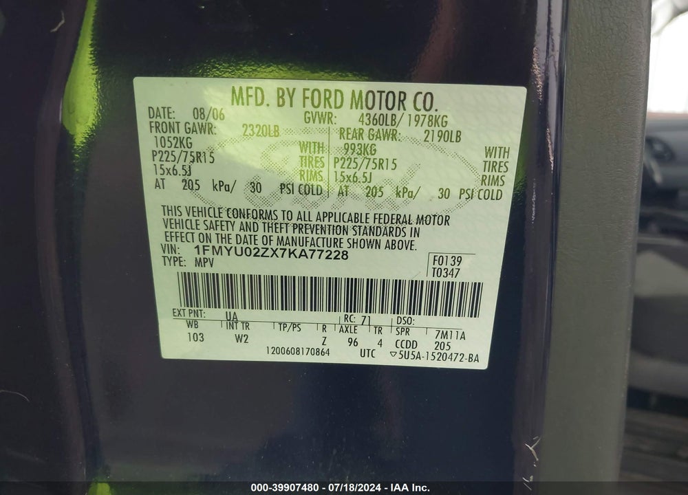 2007 FORD ESCAPE XLS/XLS MANUAL VIN: 1FMYU02ZX7KA77228