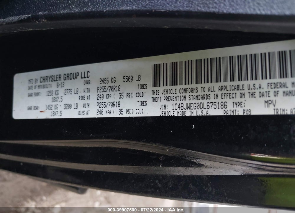 2013 JEEP WRANGLER UNLIMITED SAHARA VIN: 1C4BJWEG0DL675186