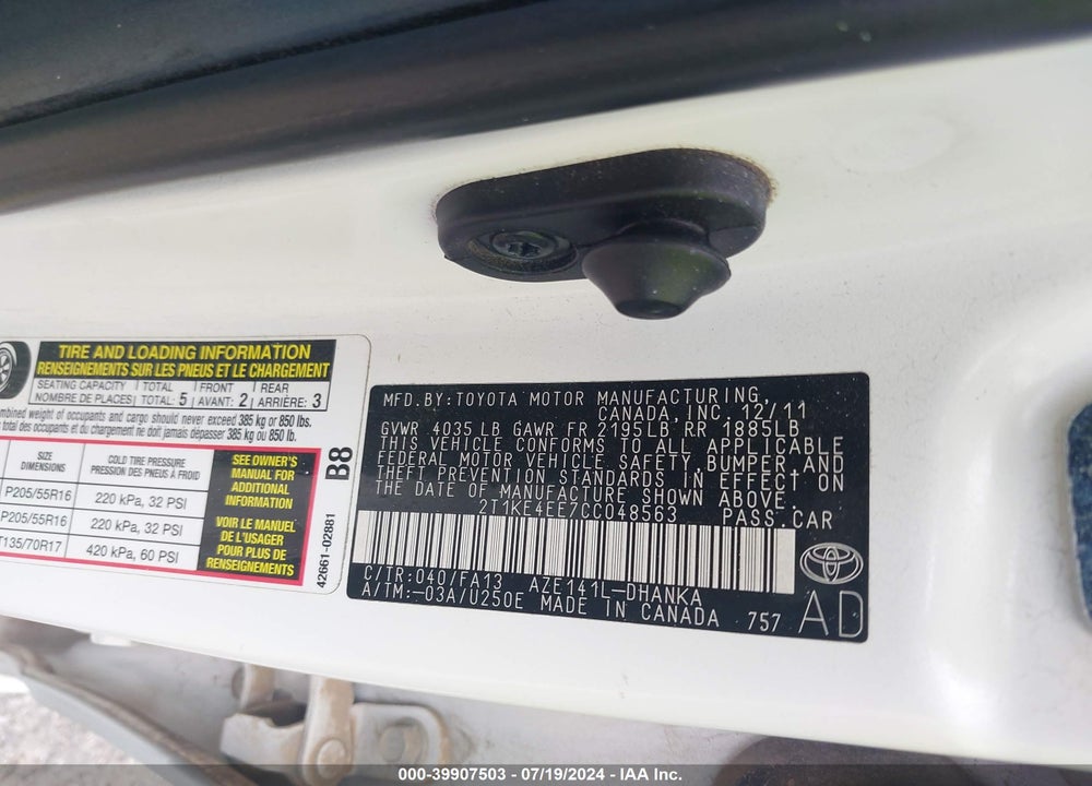 2012 TOYOTA MATRIX S VIN: 2T1KE4EE7CC048563